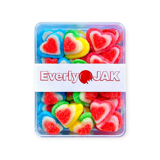 Container of colorful heart-shaped gummy candies with 'Everly Jak' branding.