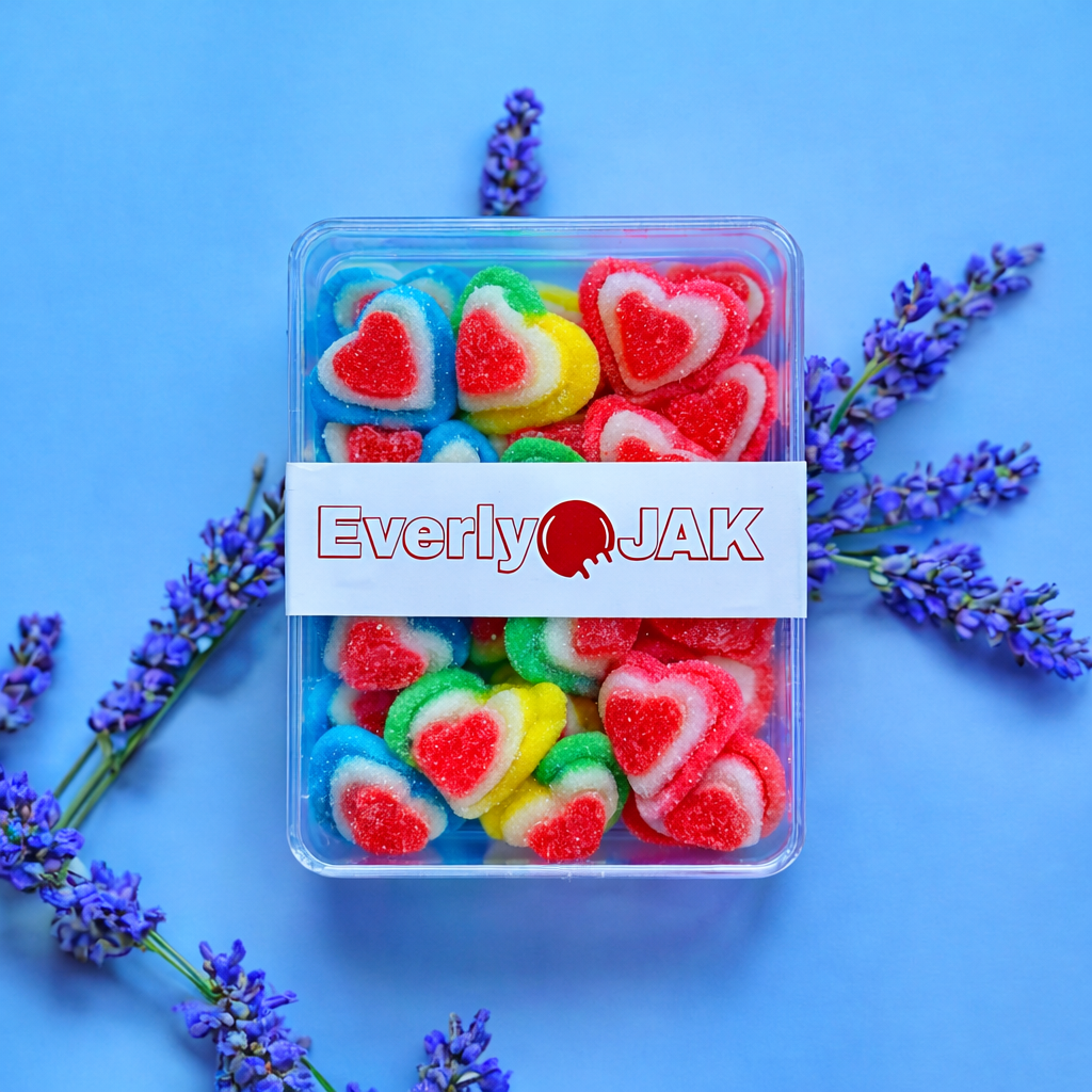 Packaged candy with heart shapes on a blue background with lavender flowers