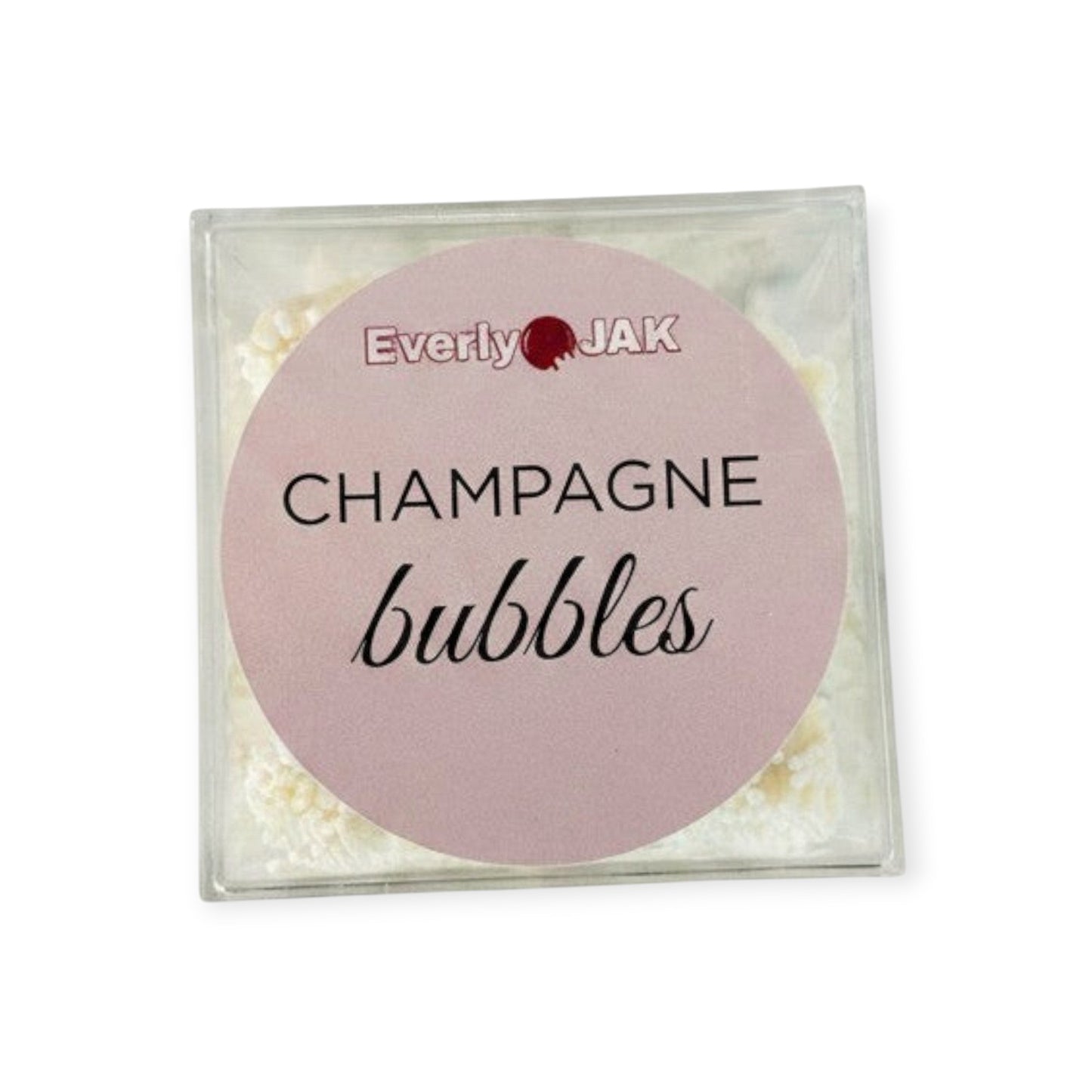Everly JAK Champagne Bubbles gourmet confectionery in a clear square display box with a pink label