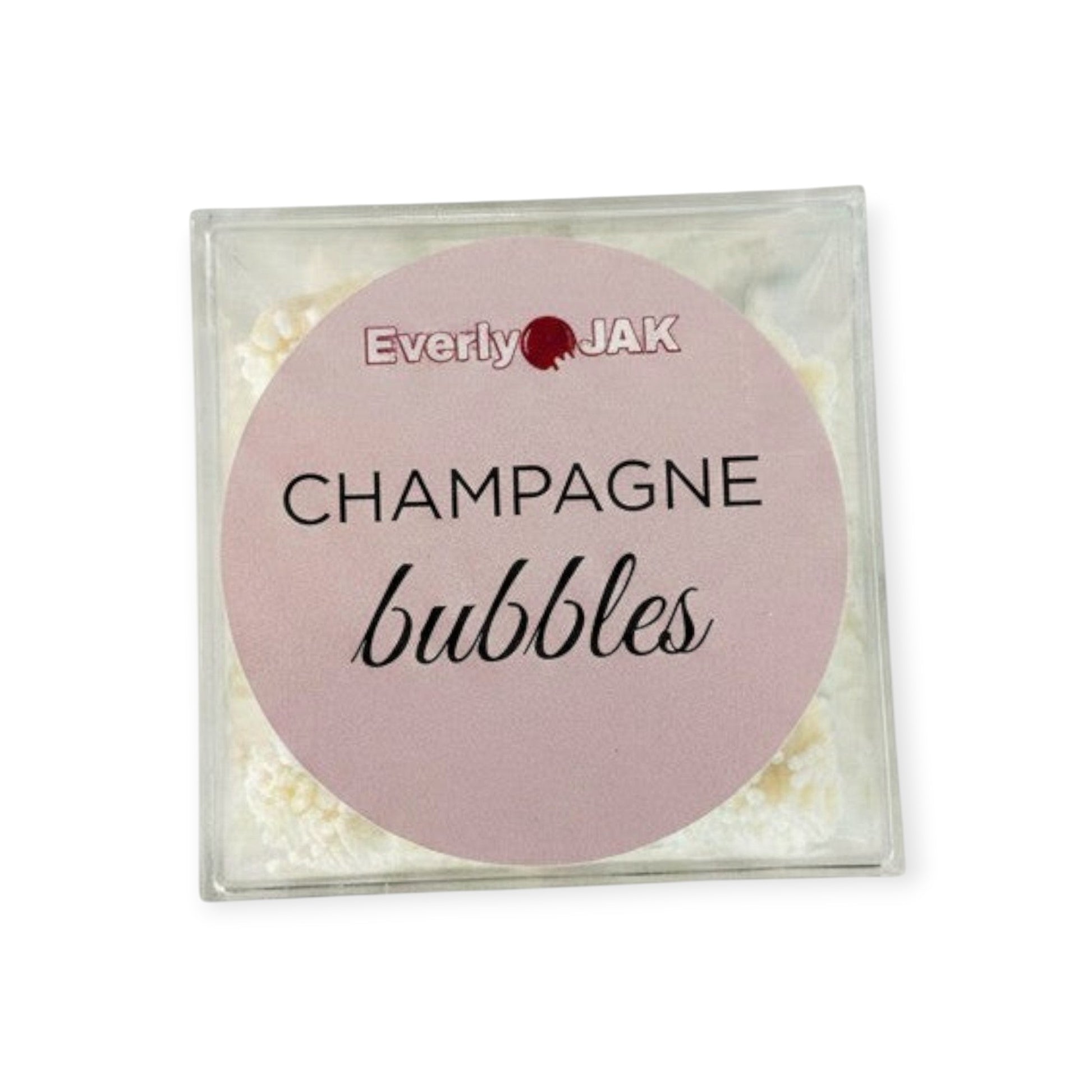 Everly JAK Champagne Bubbles gourmet confectionery in a clear square display box with a pink label